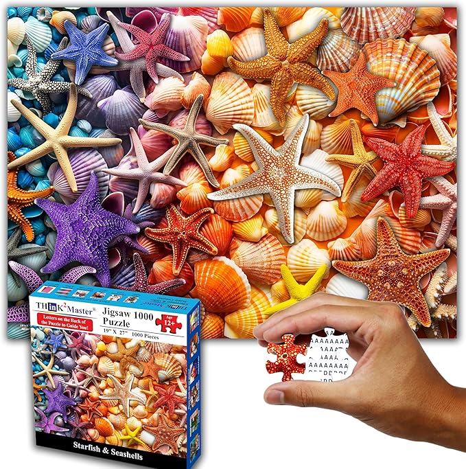 Think2Master Colorful Rainbow of Starfish & Seashells 1000 Pieces Large Format Jigsaw Puzzle for Kids 12+, Teens, Adults & Families. Beautiful Vibrant Illustration Artwork Size: 26.8” X 18.9”