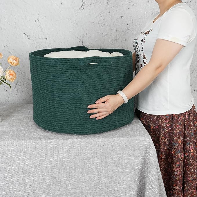 Large Cotton Rope Basket – 22"x14" Woven Storage Basket for Blankets, Toys, Laundry, and Nursery – Round Baskets for Living Room and Kids Dark Green