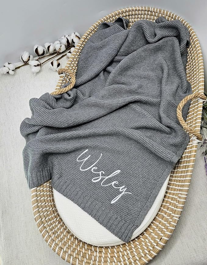 NAZENTI Personalized Embroidered Baby Knit Blanket, Custom Baby Name, Newborn Baby Gifts, Cotton Knit Blanket, Gift for Baby Boy Baby Girl, Knit Baby Blanket with Name Embroidery