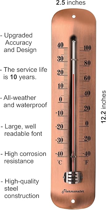 12.2 Large Numbers Premium Steel Outdoor/Indoor Thermometer Waterproof Vintage Style Decorative