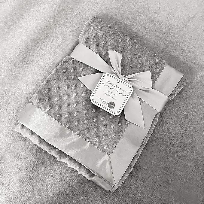 American Baby Company Heavenly Soft Chenille Receiving Blanket, 2-Layer Design with Minky Dot & Silky Satin, Gray, 30" x 40" for Boys and Girls