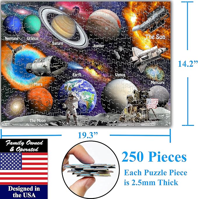 Think2Master Solar System & Space Exploration 250 Pieces Jigsaw Puzzle Fun Educational Toy for Kids 6-8 8-10 10-12, School & Families. Great Gift for Boys & Girls Ages 8+ for Learning. 14.2” X 19.3”