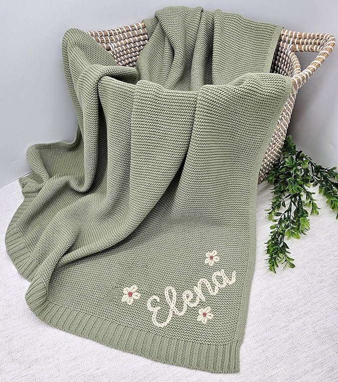 NAZENTI Personalized Hand Embroidered Baby Knit Blanket, Custom Baby Name, Newborn Baby Gifts, Cotton Knit Stroller Blanket, Custom Gifts for Birthday Baby Boys Baby Girls #12