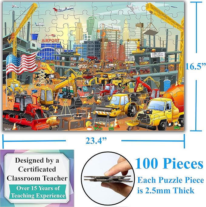 Think2Master Construction in New York City, USA 100 Pieces Jigsaw Puzzle Fun Educational Toy for Kids, School & Families. Great Gift for Boys & Girls Ages 4+ to Stimulate Learning. Size:23.4” X 16.5”