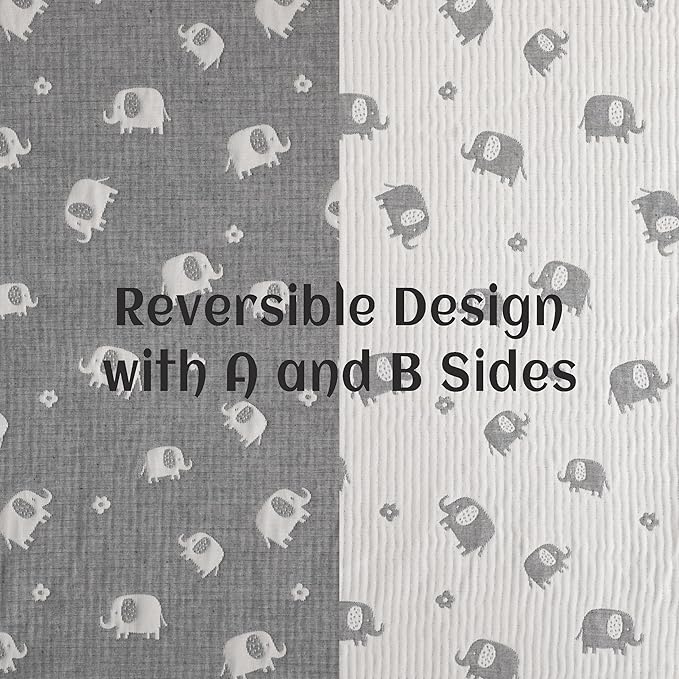 NTBAY 3 Layer Muslin Cotton Toddler Blanket, Jacquard Reversible Nursery Bed Blanket, Super Soft and Thermal for All Seasons, Decoration Gift, 30"x40", Dark Grey Elephant