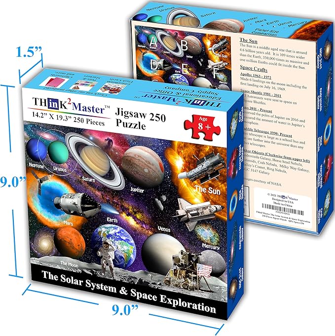Think2Master Solar System & Space Exploration 250 Pieces Jigsaw Puzzle Fun Educational Toy for Kids 6-8 8-10 10-12, School & Families. Great Gift for Boys & Girls Ages 8+ for Learning. 14.2” X 19.3”