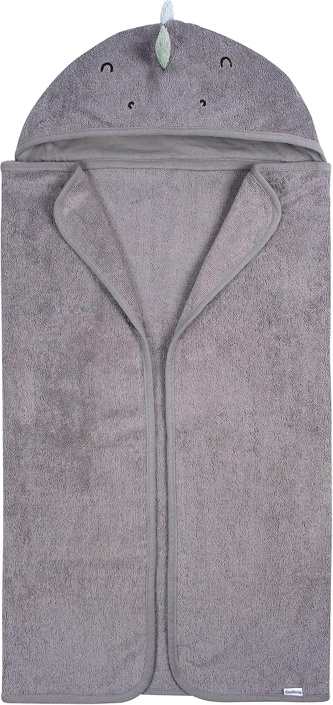 Gerber Baby 4 Piece Animal Character Hooded Towel and Washcloth Set, Charcoal Dino, One Size