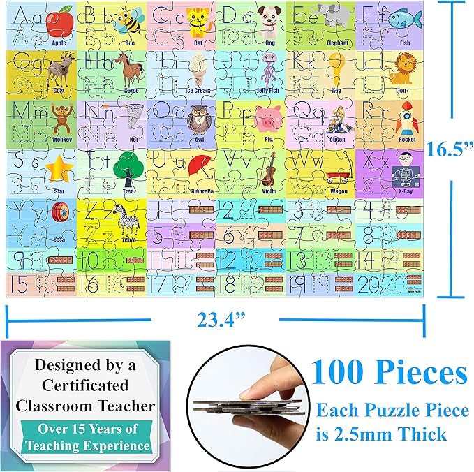 Think2Master Colorful Alphabet & Numbers 100 pieces Jigsaw Puzzle fun educational toy for kids, school & families. Great gift for boys & girls ages 3+ to stimulate learning. Size:23.4” X 16.5”