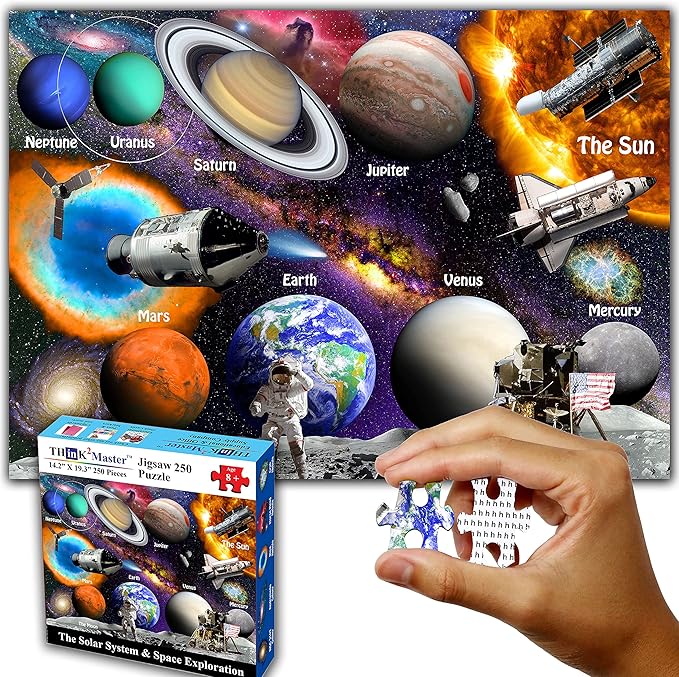 Think2Master Solar System & Space Exploration 250 Pieces Jigsaw Puzzle Fun Educational Toy for Kids 6-8 8-10 10-12, School & Families. Great Gift for Boys & Girls Ages 8+ for Learning. 14.2” X 19.3”