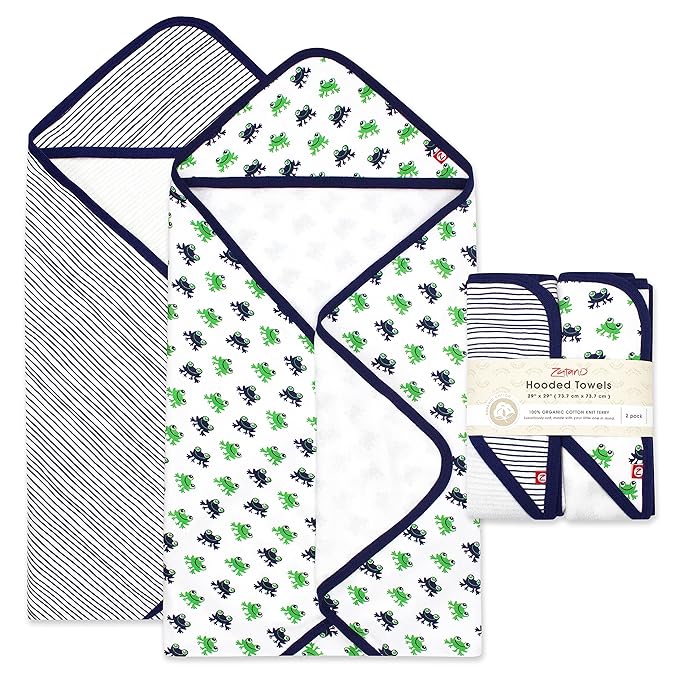 Zutano Hooded Baby Towels, Organic Cotton Baby Bath Towel, Ultra Soft and Absorbent Baby Towel for Newborn and Infant | Girl, Boy, and Unisex Towel Set, Leap Frog, 2-Pack