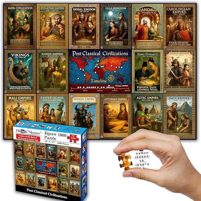 Think2Master Colorful Post Classical Civilization 1000 Pieces Large Format Jigsaw Puzzle: Kids 12+, Teens, Adults & Families. Great Gift with Historical Timeline & World Map. Size: 26.8” X 18.9”
