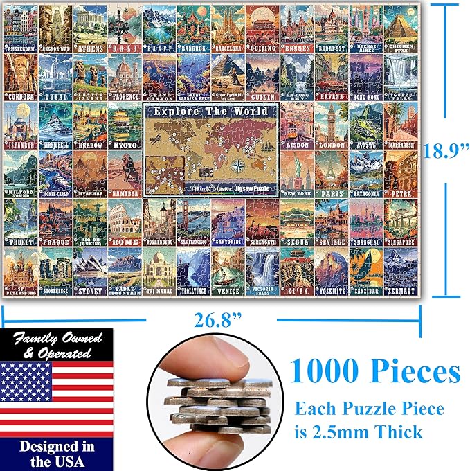 Think2Master Colorful Vintage World Travel Poster 1000 pieces Large Format Jigsaw Puzzle for kids 12+, teens, adults & families. Great gift for people wanting to explore the World. Size: 26.8” X 18.9”