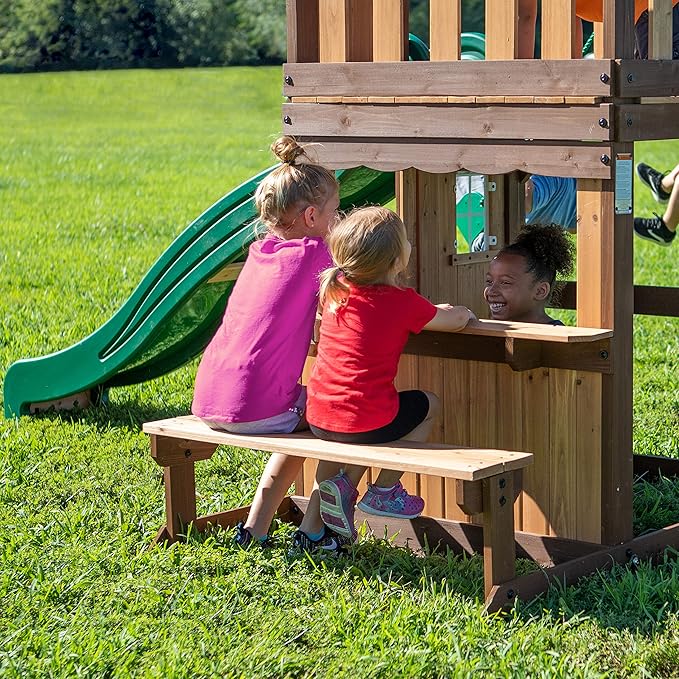 Backyard Discovery Lakewood Cedar Wood Swing Set with Wave Slide, Clubhouse, Playhouse, Snack Bar Window, Picnic Area, Belt Swings, Trapeze, Full Front Door, Windows, Step Ladder, Outdoor Playset