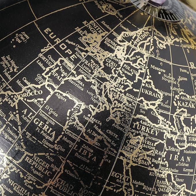 Explorers Globe, Incised Details, Black With Gold Accents, Mapped with Locations, Longitude and Latitude, Resin, Crescent Stand Mounted, Circular Gallery Base, 12.25 Inches Tall