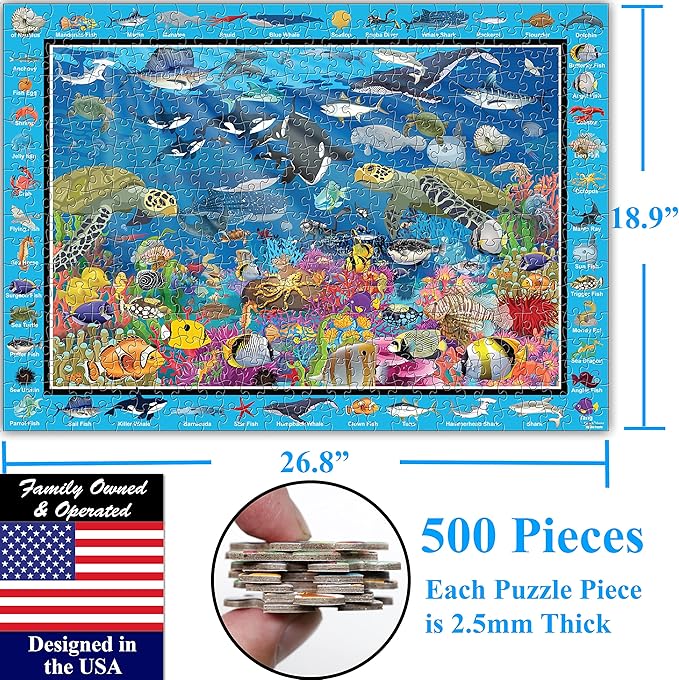 Think2Master Colorful Ocean Life 500 Pieces Large Format Jigsaw Puzzle for Kids 12+, Teens, Adults & Families. Great Gift for stimulating Learning About Coral Reefs. Size: 26.8” X 18.9”
