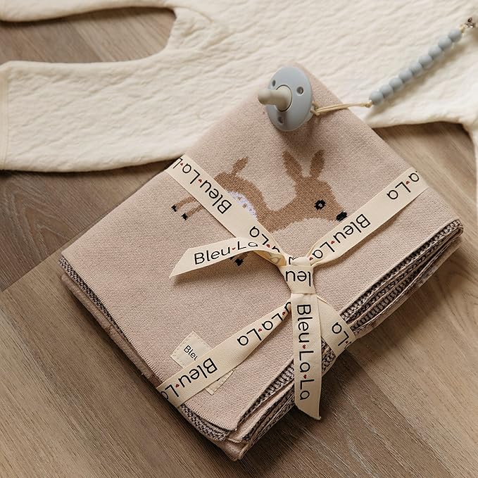 Knit Baby Swaddling Blanket - 100% Cotton Lightweight Soft Cozy Receiving Swaddle Stroller Quilt Blanket for Shower Gift Registry for Newborns, Infants, Toddlers (Deer - Mocha)