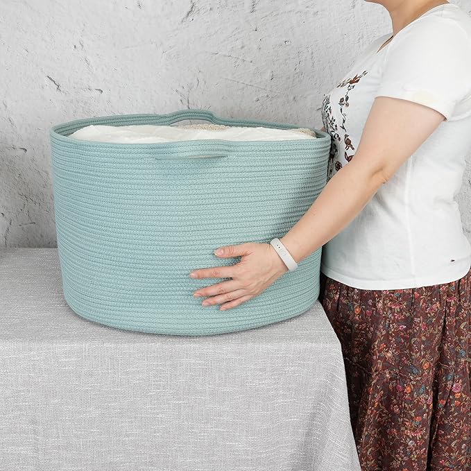 Large Cotton Rope Basket – 22"x14" Woven Storage Basket for Blankets, Toys, Laundry, and Nursery – Round Baskets for Living Room, Kids, and Pets Light Green