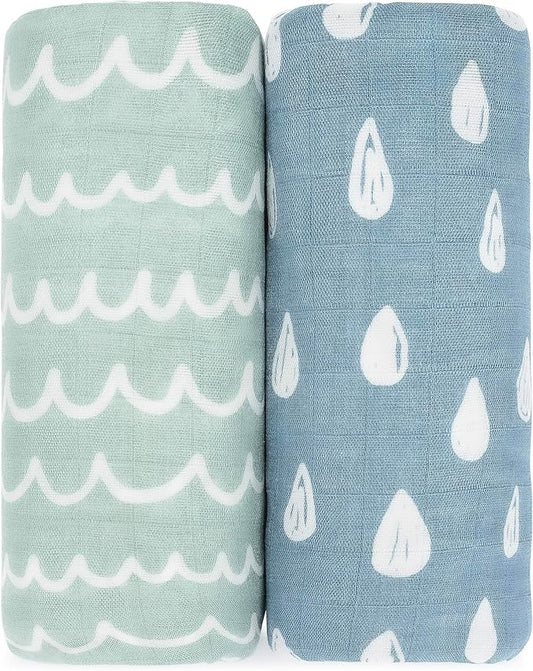 Comfy Cubs Muslin Swaddle Blankets Pack of 2 - 47 x 47 Inch Soft Cotton Baby Blanket Set, Large Multipurpose Wraps for Newborns - Self-Soothing Swaddles for Newborns - Rain & Doodle