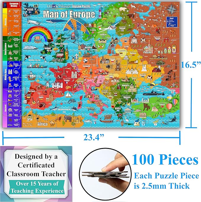 Think2Master Map of Europe 100 Pieces Jigsaw Puzzle Fun Educational Toy for Kids, School & Families. Great Gift for Boys & Girls Ages 4-8 for Learning European History. Size:23.4” X 16.5” by Kyle Kim