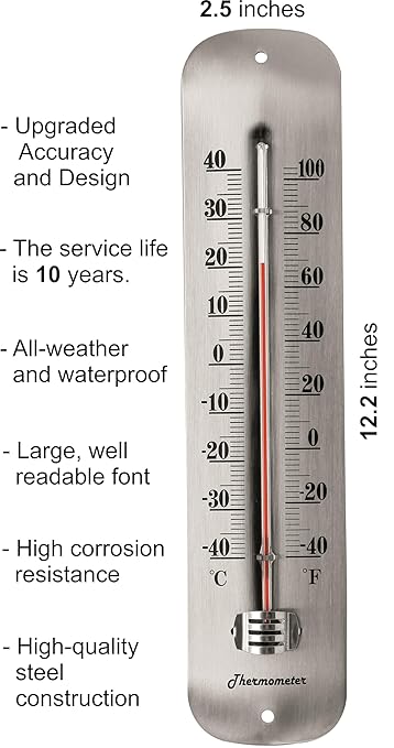 12.2 Large Numbers Premium Steel Outdoor/Indoor Thermometer Waterproof Vintage Style Decorative