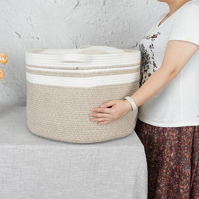 Large Cotton Rope Basket Blankets Basket Living Room 22"x14" Toy Baskets for Kids Rope Storage Basket for Nursery Woven Laundry Baskets for Clothes Towels Baby Toy Storage round white brown
