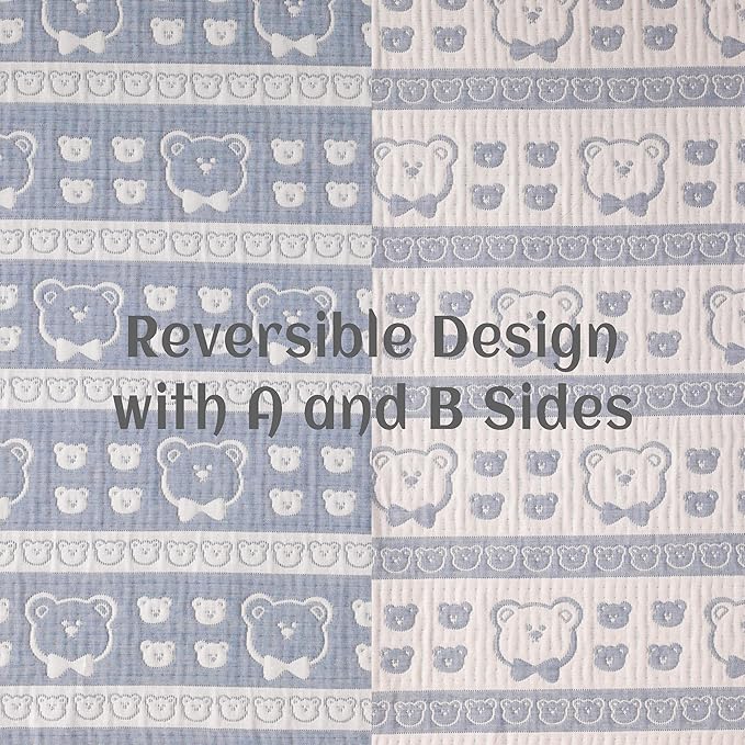 NTBAY 3 Layer Muslin Cotton Toddler Blanket, Jacquard Reversible Nursery Bed Blanket, Super Soft and Thermal for All Seasons, Decoration Gift, 30"x40", Blue Bear