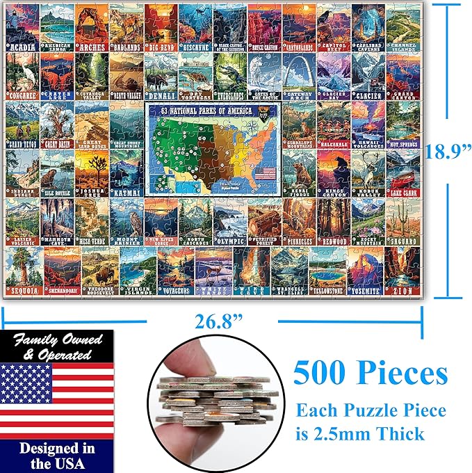 Think2Master Colorful Vintage USA National Parks 500 Pieces Large Format Jigsaw Puzzle for Kids 12+, Teens, Adults & Families. Great Gift for People Interested in Traveling. Size: 26.8” X 18.9”