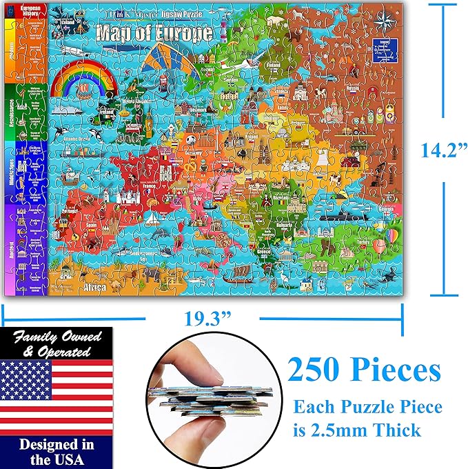 Think2Master Colorful Map of Europe 250 Pieces Jigsaw Puzzle Fun Educational Toy for Kids, School & Families. Great Gift for Boys & Girls Ages 8+ for Learning European History. Size: 14.2” X 19.3”