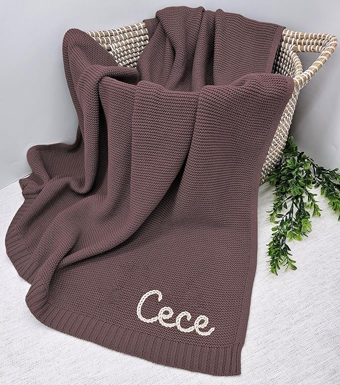 NAZENTI Personalized Hand Embroidered Baby Knit Blanket, Custom Baby Name, Newborn Baby Gifts, Cotton Knit Stroller Blanket, Custom Gifts for Birthday Baby Boys Baby Girls #10