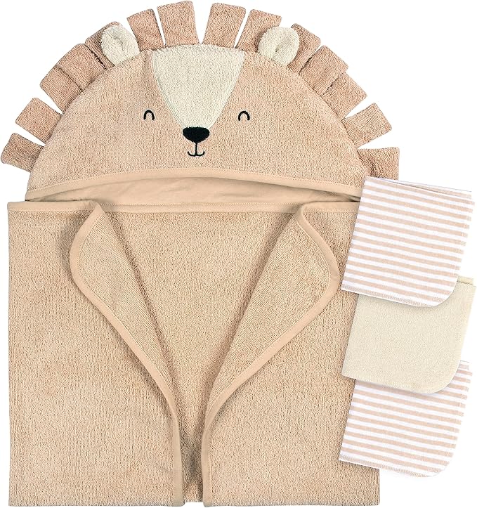 Gerber Baby 4 Piece Animal Character Hooded Towel and Washcloth Set, Brown Lion, One Size