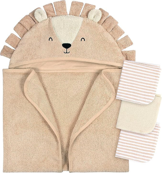 Gerber Baby 4 Piece Animal Character Hooded Towel and Washcloth Set, Brown Lion, One Size