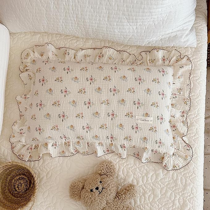 BuLuTu Cotton Muslin Kids Toddler Pillowcase with Cute Azalea Flowers Pattern Super Soft Crib Nursery Pillowcase for Boys,Girls,Bedding Decor Machine Washable, Durable Pillowcase,1 Piece,14"x20"