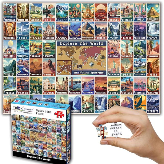 Think2Master Colorful Vintage World Travel Poster 1000 pieces Large Format Jigsaw Puzzle for kids 12+, teens, adults & families. Great gift for people wanting to explore the World. Size: 26.8” X 18.9”