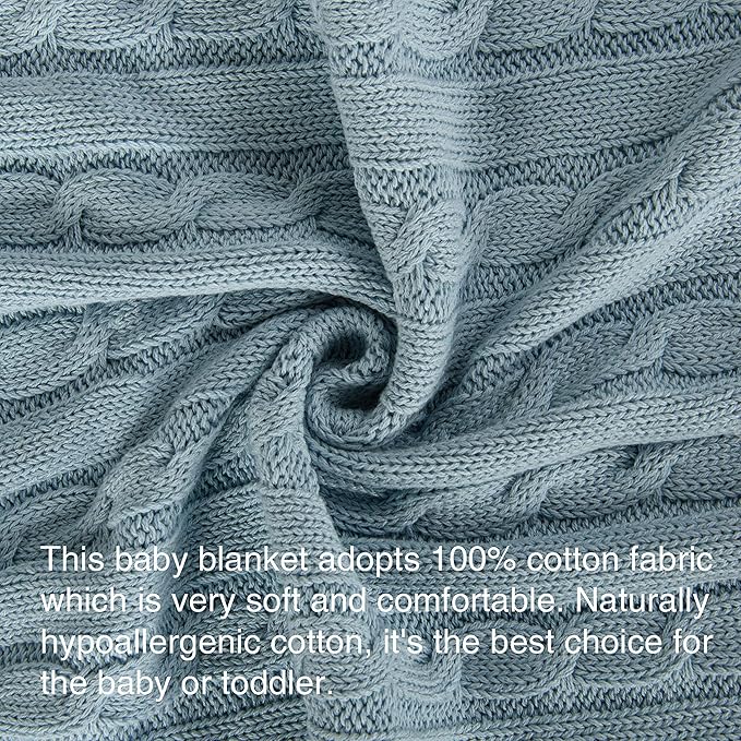 NTBAY 100% Pure Cotton Cable Knit Toddler Blanket, Super Soft Warm Breathable 30x40 Baby Blanket for Crib, Stroller, Nursery, Travel, Newborn, 30x40 Inches, Baby Blue