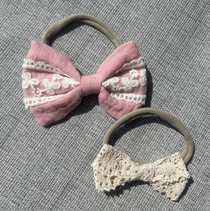 Baby Girl Gift Set, Muslin BoHo Bib with Lace and Matching Bows, Absorbent Cotton Adjustable Bib for Newborn Infant Toddler
