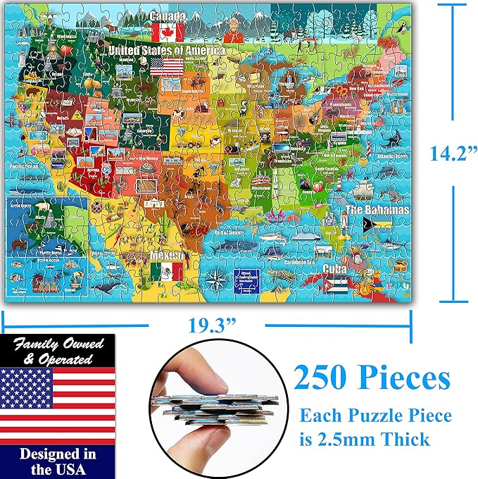 Think2Master United States Map 250 Pieces Jigsaw Puzzle Fun Educational Toy for Kids 8-10 10-12, School & Families. Great Gift for 8+ to Stimulate Learning of USA. Size: 14.2” X 19.3”