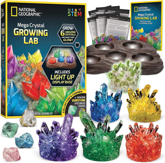 National Geographic Mega Crystal Growing Kit - Grow 6 Crystals with Light-Up Stand, Science Gifts for Kids 8-12