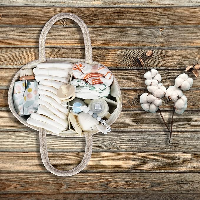 Large Baby Diaper Caddy Organizer for Girl Boy Rope Nursery Storage Bin Basket Portable Holder Tote Bag for Changing Table Car Travel Baby Shower Gifts Oatmeal