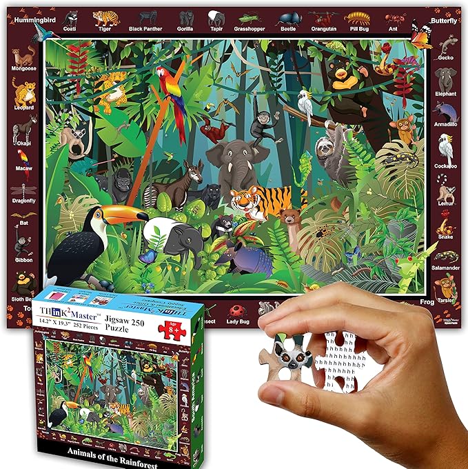 Think2Master Colorful Rainforest Jungle Zoo Animal 250 Pieces Jigsaw Puzzle Fun Educational Toy for Kids, School & Families. Great Gift for Boys & Girls Ages 8+ to Stimulate Learning. 14.2” X 19.3”