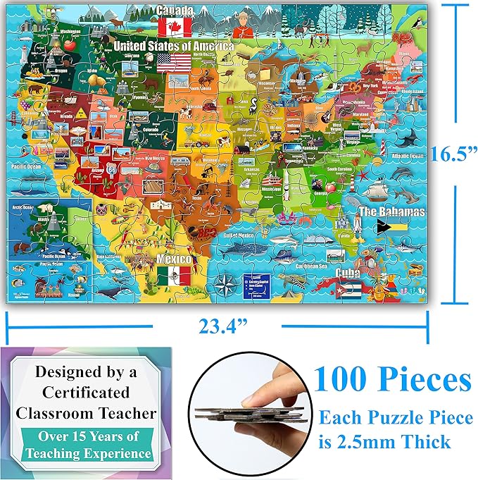 Think2Master Colorful United States Map 100 Pieces Jigsaw Puzzle Fun Educational Toy for Kids, Adults, School & Families. Great Gift for Boys & Girls Ages 4-8 to for Learning USA.23.4” X 16.5”
