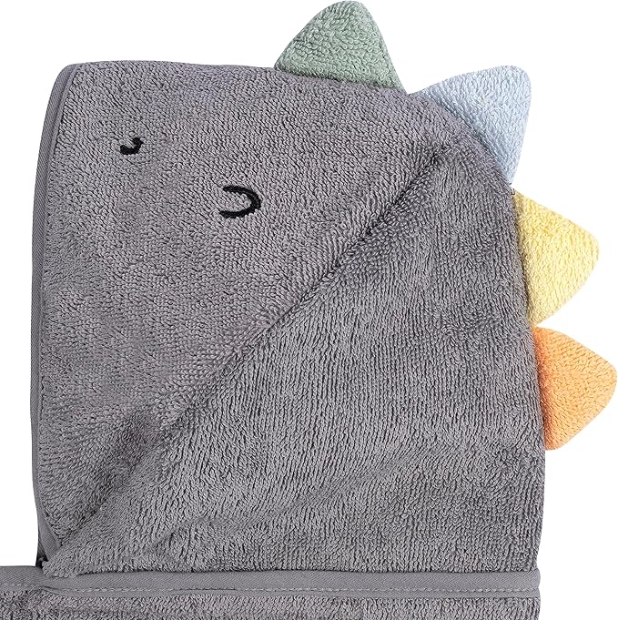 Gerber Baby 4 Piece Animal Character Hooded Towel and Washcloth Set, Charcoal Dino, One Size